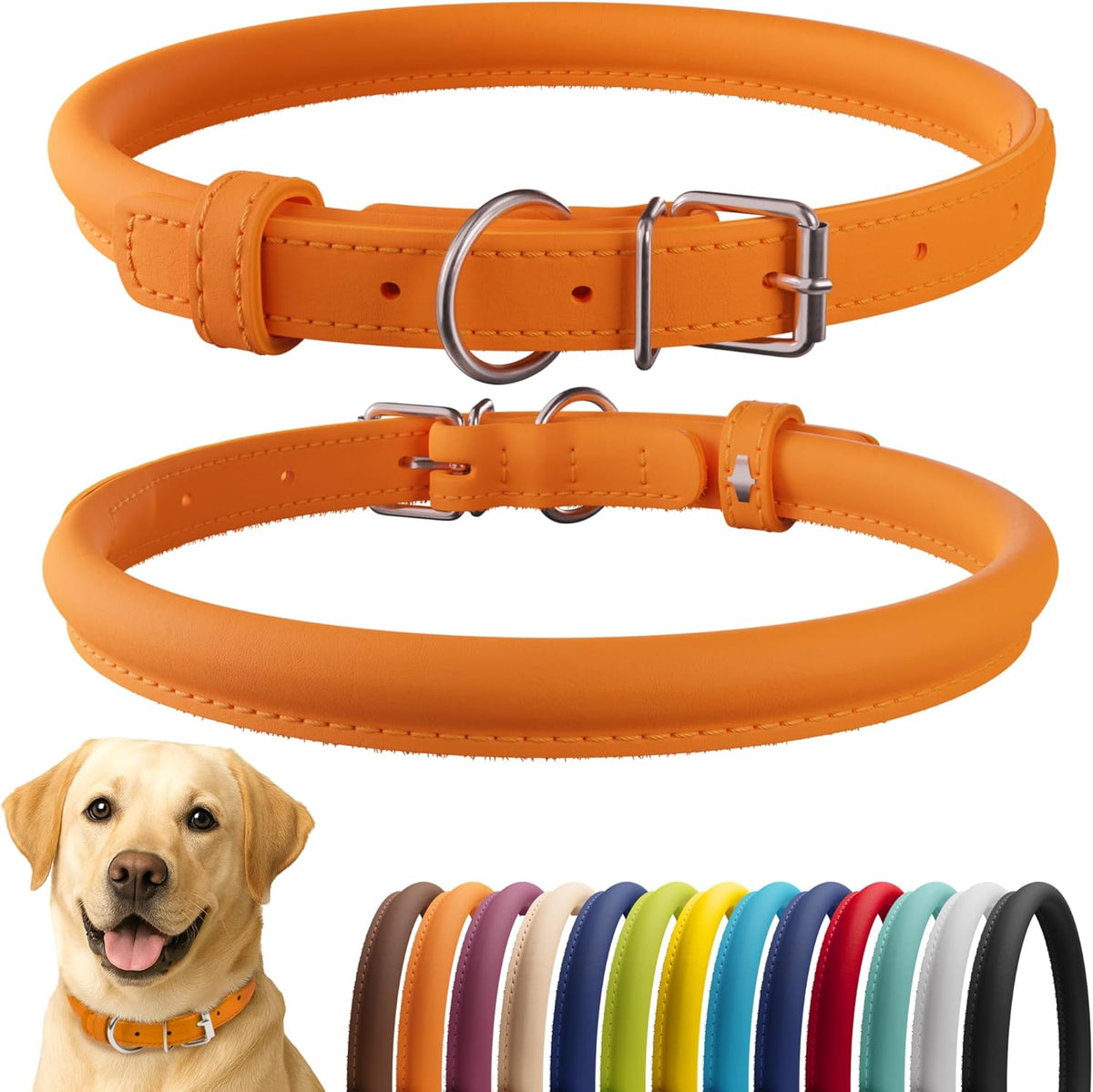 CollarDirect Rolled Leather Dog Collar, Soft Padded Round Puppy Collar, Handmade Genuine Leather