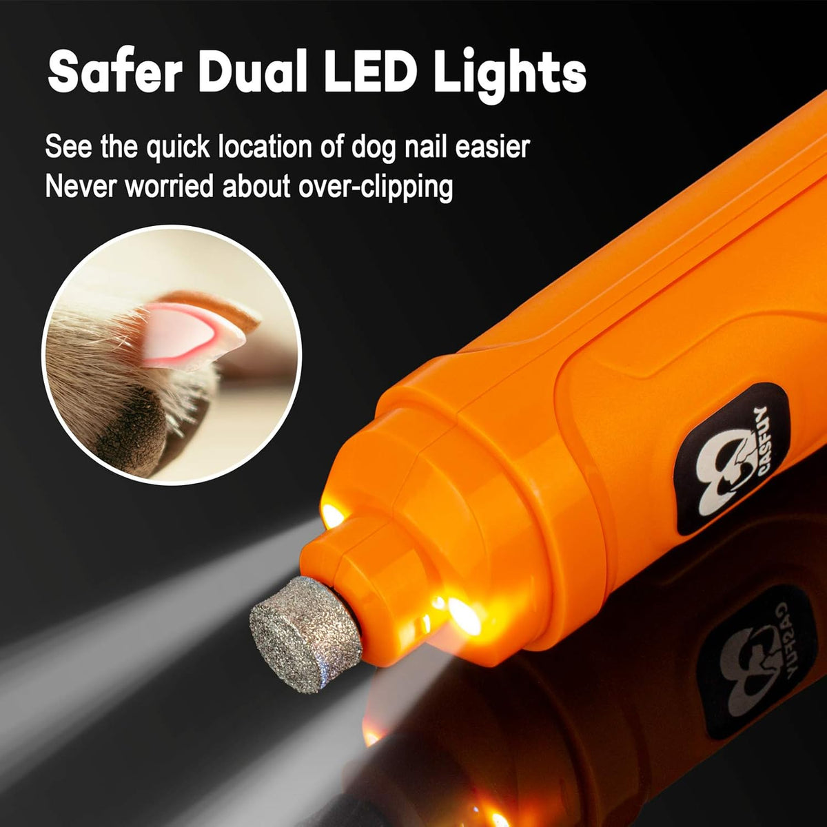 Casfuy Dog Nail Grinder with 2 LED Light - New Version 2-Speed Powerful Electric Pet Nail Trimmer