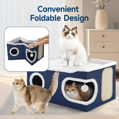 Cat Beds for Indoor Cats, Extra Wide Cat Cube House for Multi Cats, Foldable Cat Cave Hideaway with