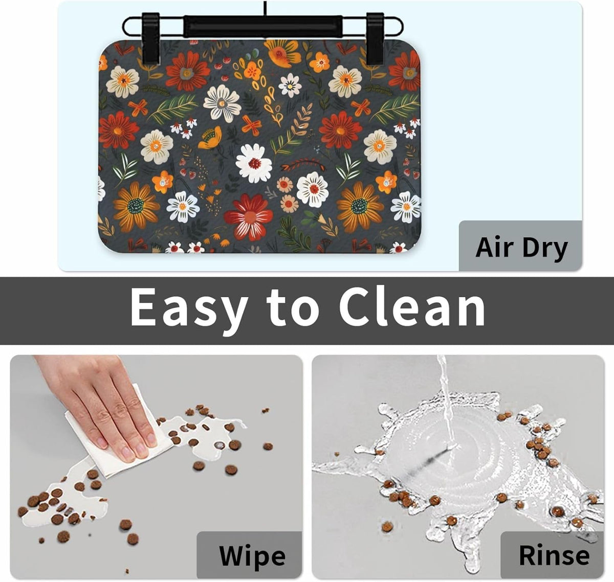 Flower Berries Dog Food Mat Absorbent Bowl Mats No Stains Quick Dry Waterproof Pet Cat Placemats