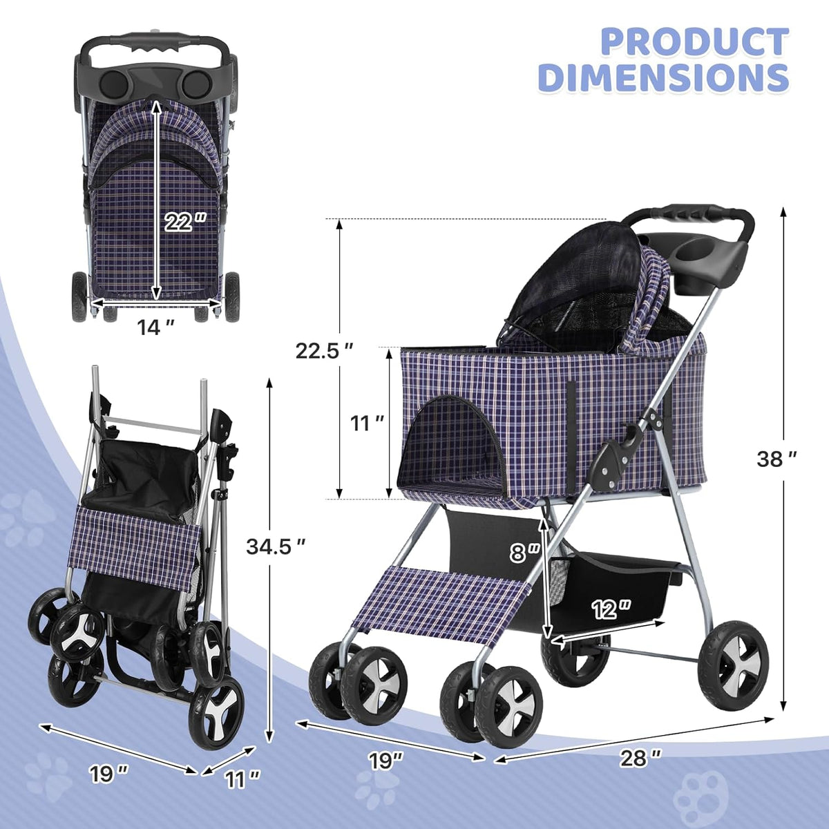 Magshion Foldable Pet Stroller, 3-in-1 Dog Travel Jogger with Detachable Carrier, Cup Holder