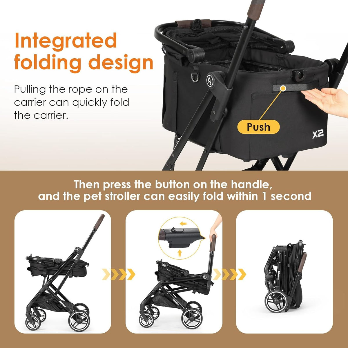 X2 Pet Stroller, Dog Cat Stroller for Small Pets Under 44lbs, Equipped with Detachable & Foldable