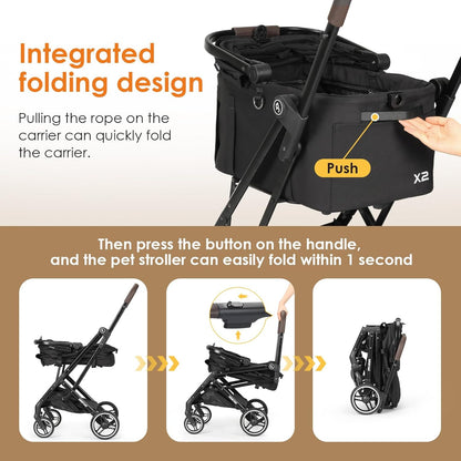 X2 Pet Stroller, Dog Cat Stroller for Small Pets Under 44lbs, Equipped with Detachable & Foldable