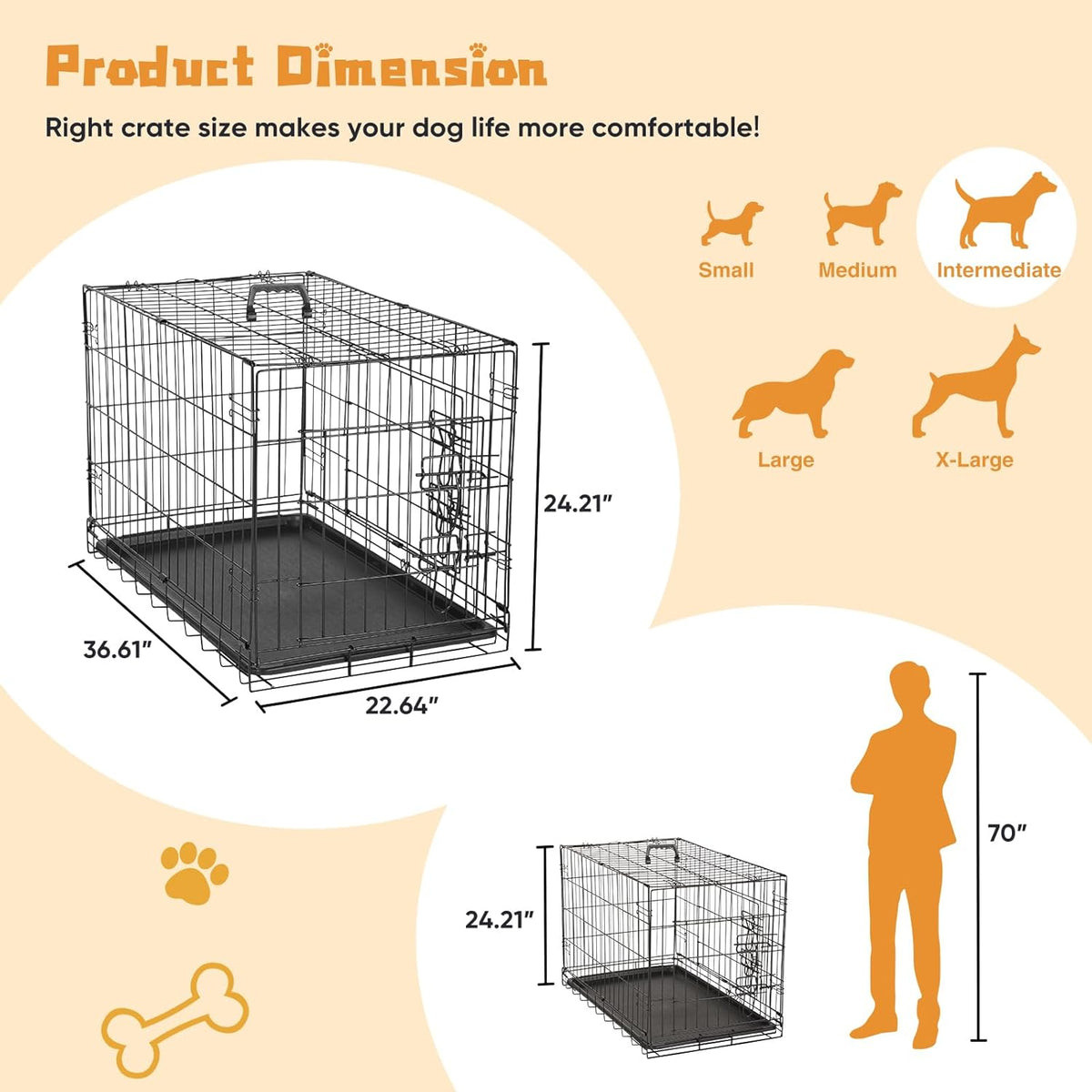 DUMOS Dog Crate, 36 Inch Medium Double Door Dog Cage with Divider Panel and Plastic Leak-Proof Pan