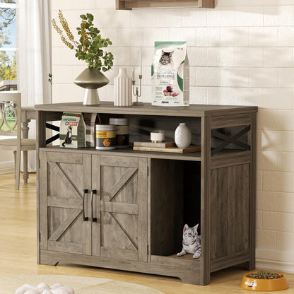 Cat Litter Box Enclosure, Hidden Litter Box Furniture with Scratch Pad, Farmhouse Indoor Cat House