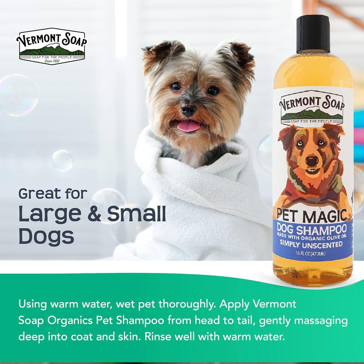 VERMONT SOAP Organics Pet Shampoo - Infused with Organic & Natural Olive Oil, Coconut & Aloe Vera