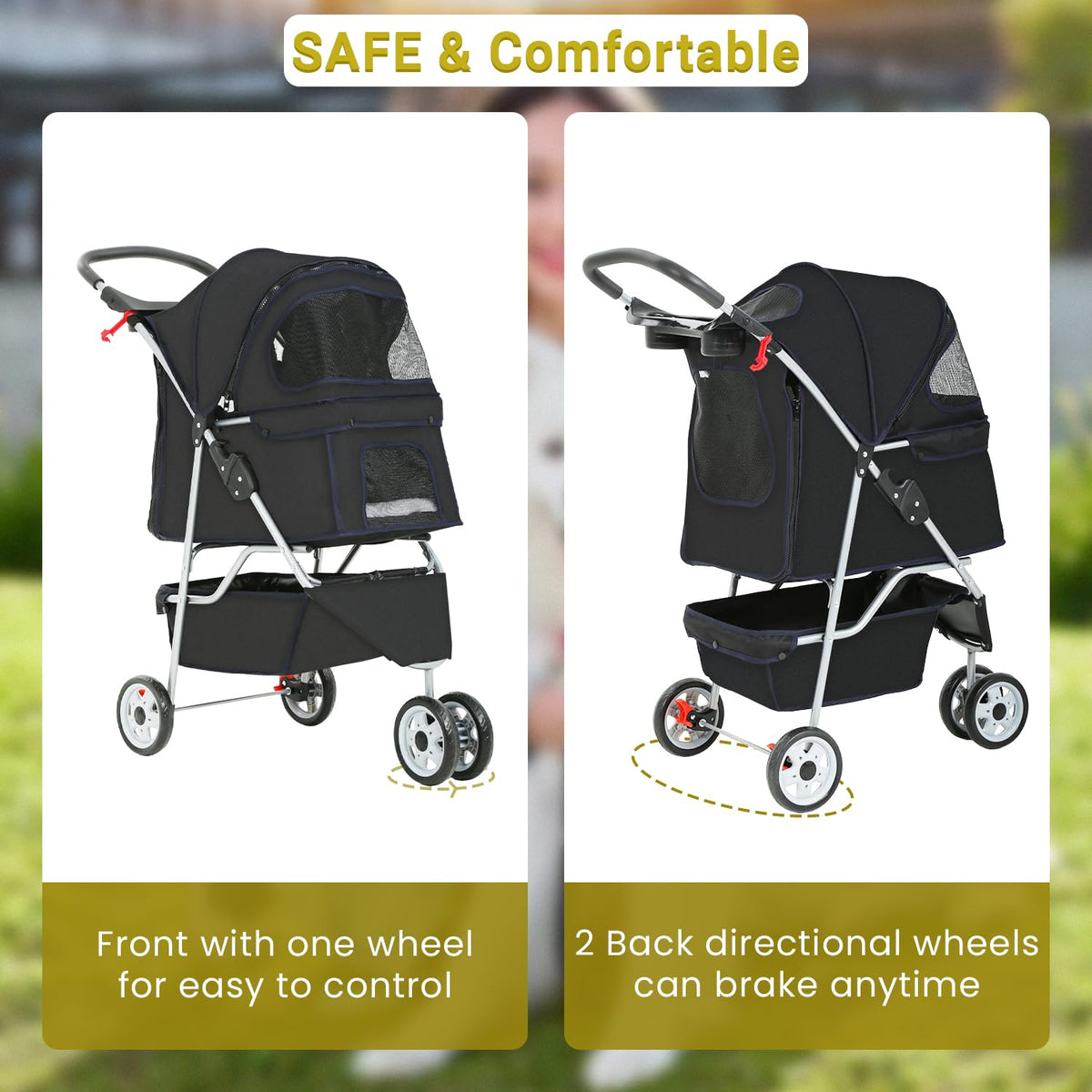 Pet Stroller Dog Stroller Portable Travel 3 Wheel Foldable Cat Stroller with Storage Basket and Cup