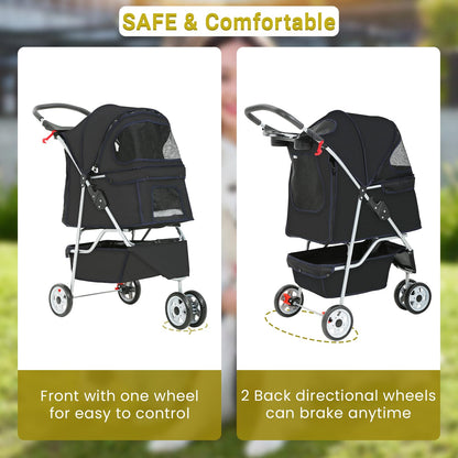 Pet Stroller Dog Stroller Portable Travel 3 Wheel Foldable Cat Stroller with Storage Basket and Cup