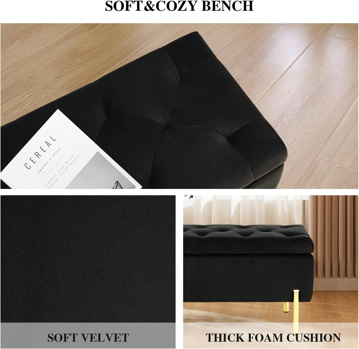 Velvet Storage Bench Ottoman,Versatile Seating with Hidden Storage,End of Bed Bench,Tufted Bench