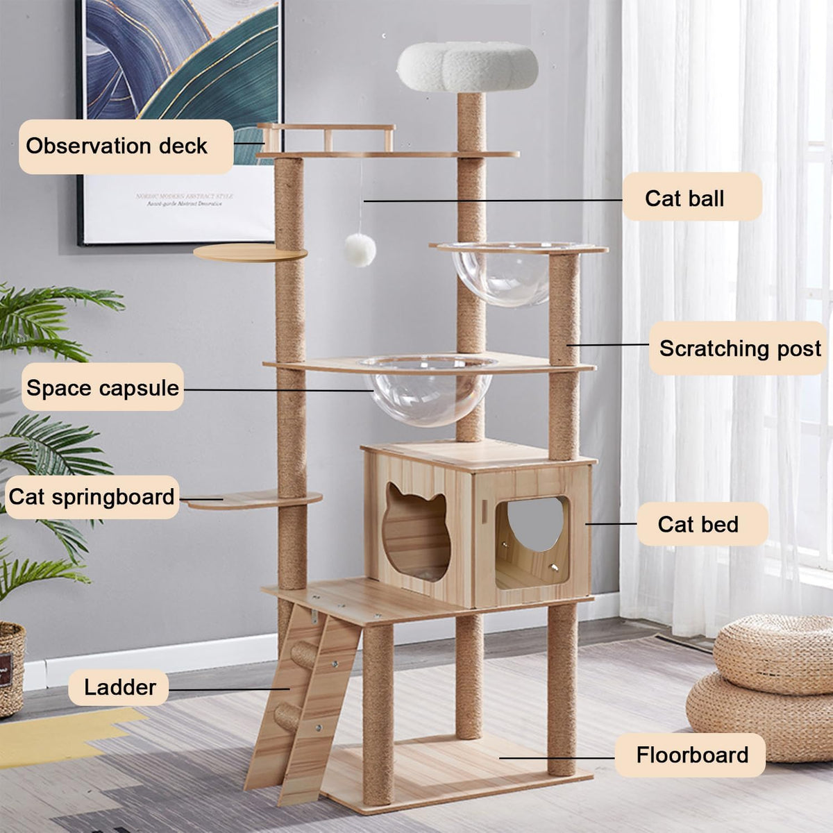 67-Inch Cat Tree for Indoor Cats Large Adult,Cat Tree Tower with Condo, Cat Stairs, 2 Bowl,14 Sisal
