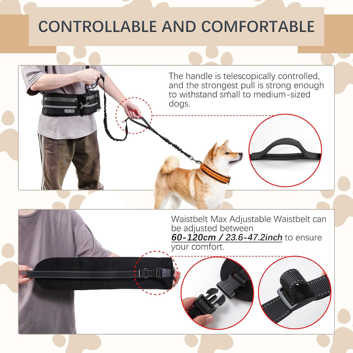 Hands-Free Dog Leash With Pouch, Waist Attachment for Walking Two Dogs, Reflective Stitching, Dual