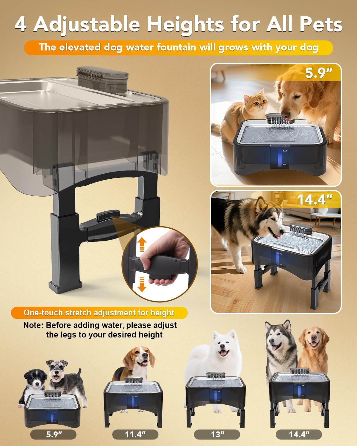 UPSKY 2.25Gal Elevated Dog Water Fountain, 4 Heights Adjustable Pet Fountain for All Dog Sizes, 304