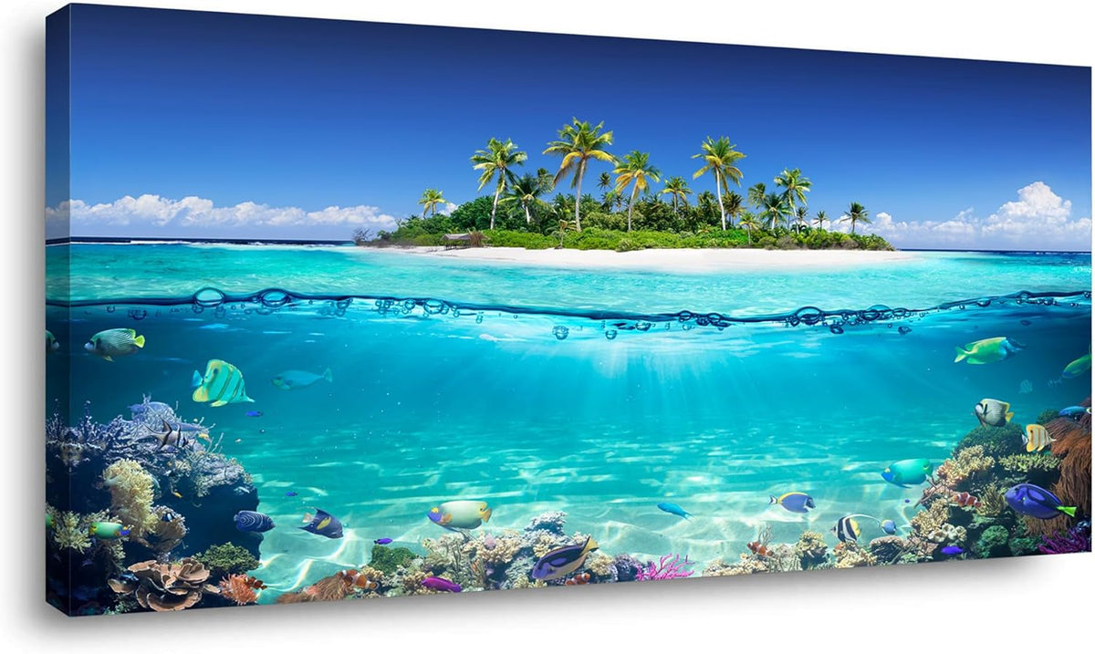 Tropical Island Coral Reef Landscape Canvas Wall Art for Living Room,Unique View Split Waterline