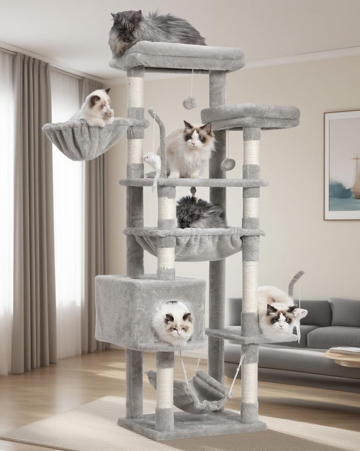 Cat Tree, Cat Tower for Large Cats with 2 Big Platforms, 2 Baskets, condo and Toys, 63" Cat