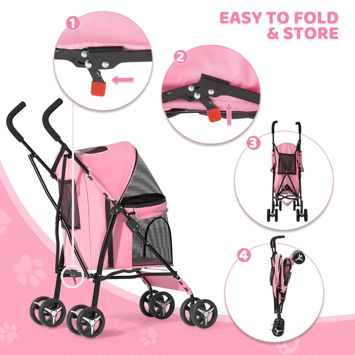 Magshion Compact Pet Stroller for Small-Medium Dogs/Cats up to 22lbs, 4-Wheel Lightweight Umbrella