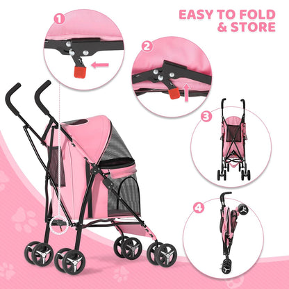 Magshion Compact Pet Stroller for Small-Medium Dogs/Cats up to 22lbs, 4-Wheel Lightweight Umbrella