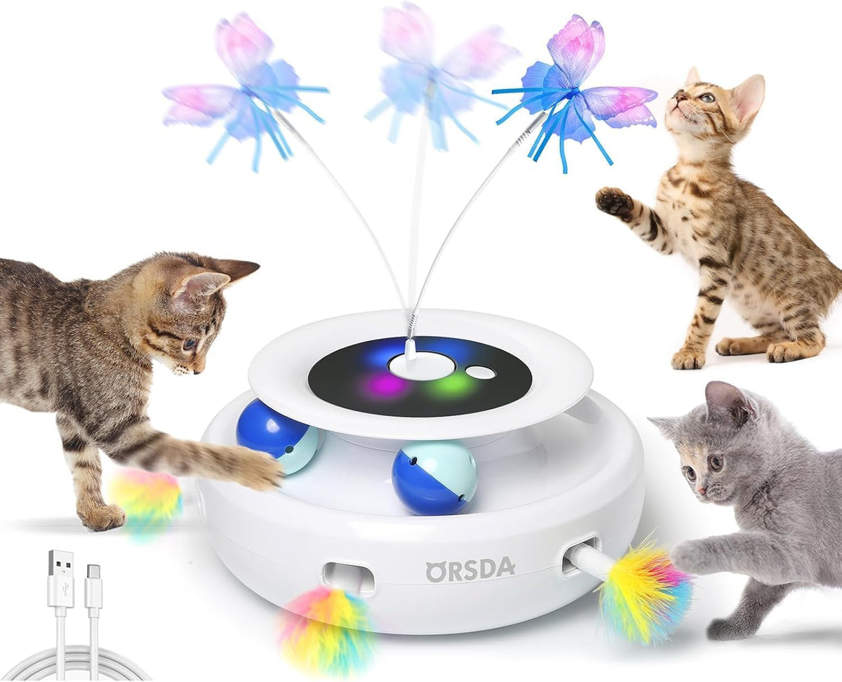 ORSDA Cat Toy, 3-in-1 Automatic Interactive Electronic Moving Ambush Feather, Fluttering Butterfly