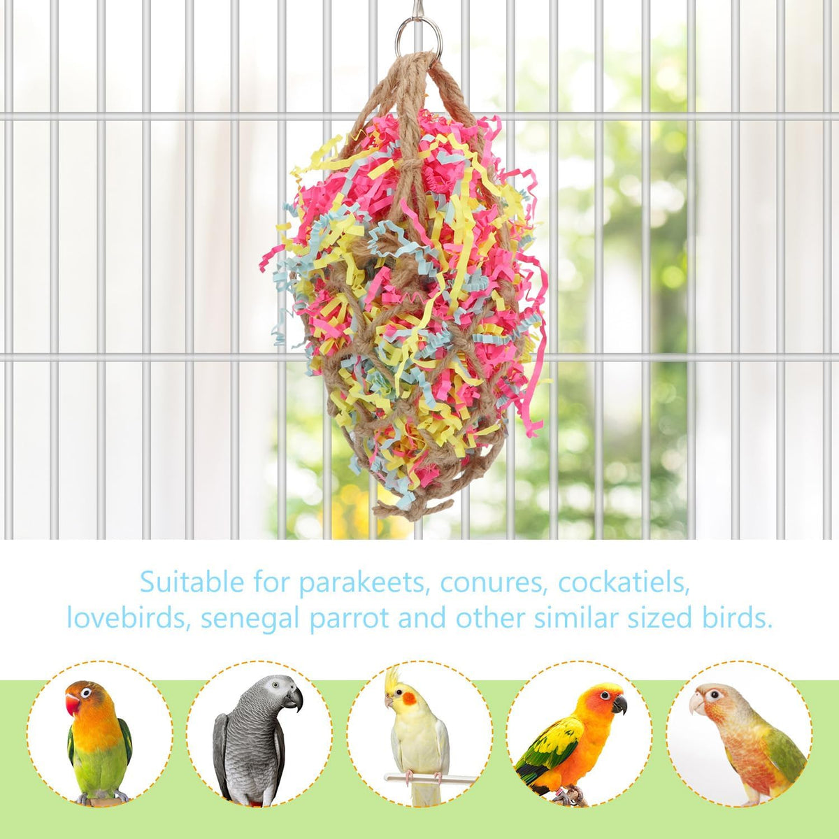 Bird Jute Paper Strips Parrot Mesh Bag Hanging Chewing Toy for Parakeet Cockatiel Conure Cockatoo