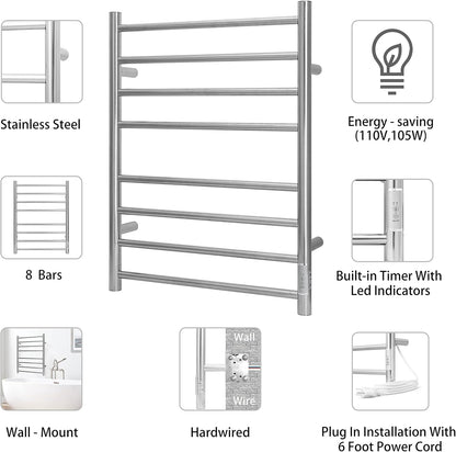 KEG Towel Warmer Wall Mounted with Built-in Timer 8 Bars Electric Stainless Steel Heated Towel