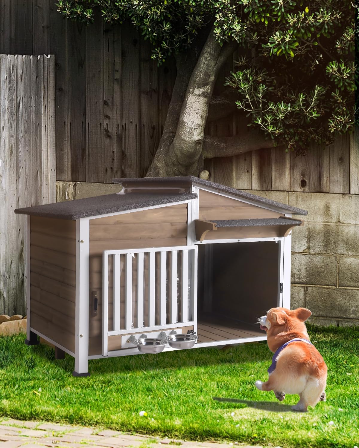 Dog House Outdoor with Bowls Weatherproof Dog Kennel with Anti-Chewing Iron Frame Dog Shelter for