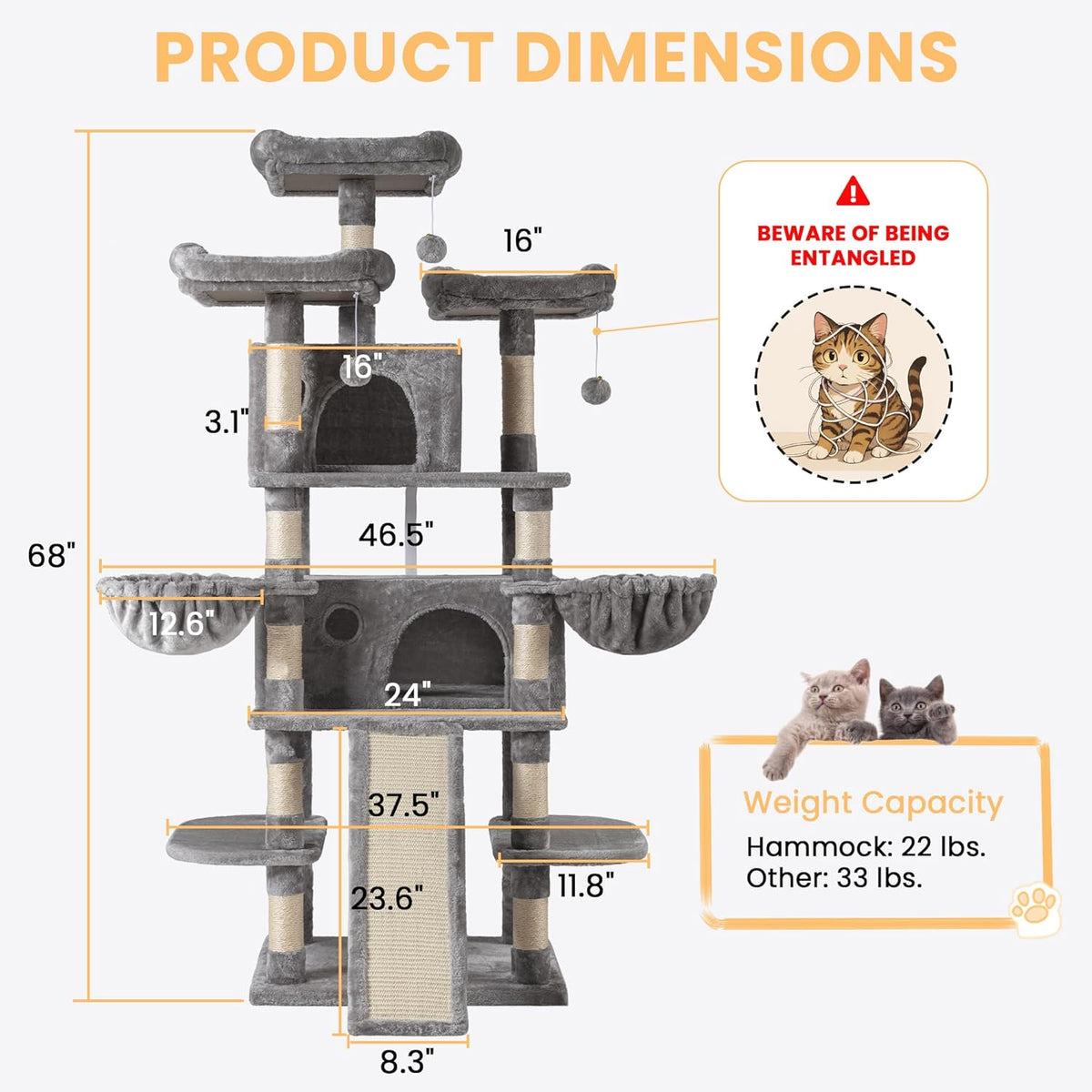 SHA CERLIN 68 Inches Multi-Level Large Cat Tree for Large Kitties/Big Cat Tower with Condo/Cozy