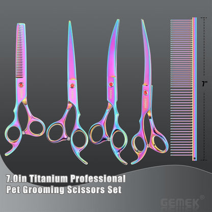 7.0in Titanium Professional Pet Grooming Scissors Set, GEMEK 6 in 1 Straight & Thinning & Upwards