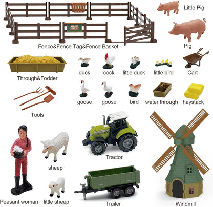 82PCS Farm Animals Toys Set Comes with Tractor Trailer, Windmill, Farmer, Fence - Playset for Kids