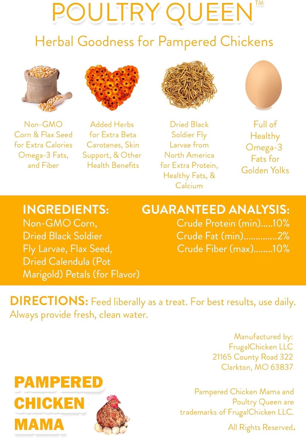 Pampered Chicken Mama Non-GMO Mealworm, Corn, Flax, & Herb Treat (10 Pounds) for Backyard Chickens
