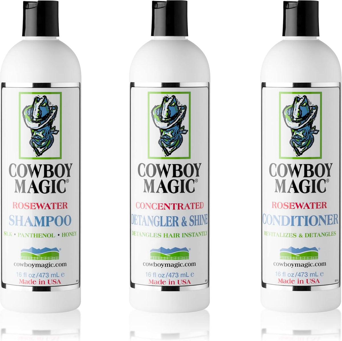 Cowboy Magic Shampoo + Conditioner + Detangler & Shine 16 Ounce each With Silk Panthenol and Honey