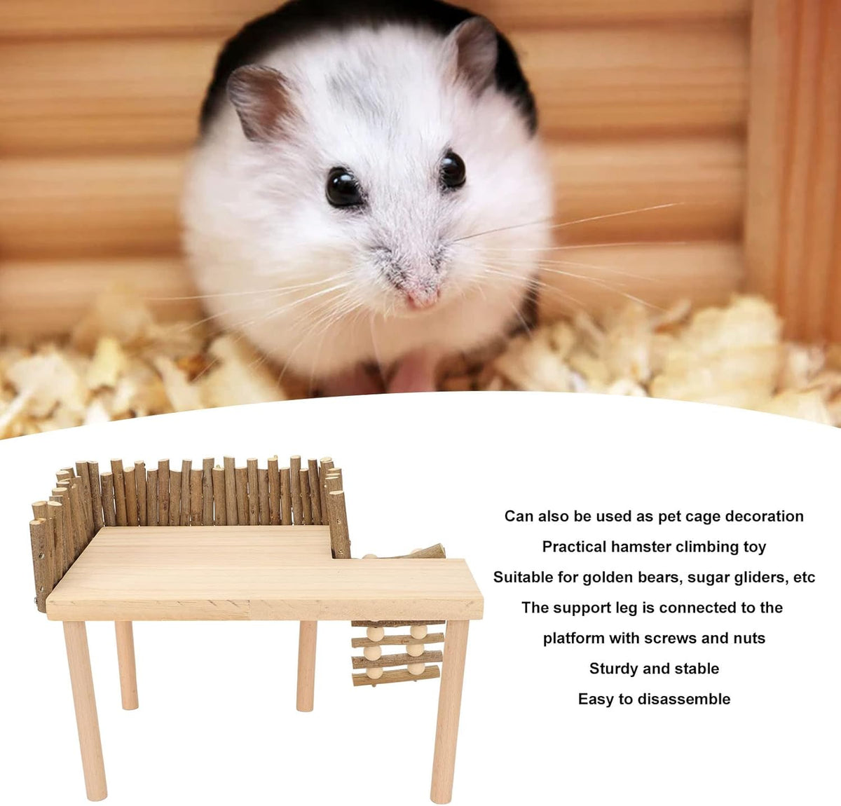 Tnfeeon Hamster with Climbing Ladder, Guinea Pig Toys Chinchilla Perch Cage Accessories Toy Wooden