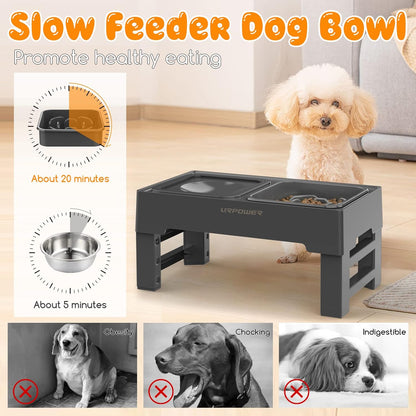 URPOWER 2-in-1 Elevated Slow Feeder with No Spill Dog Water Bowl 4 Height Adjustable Raised Bowl