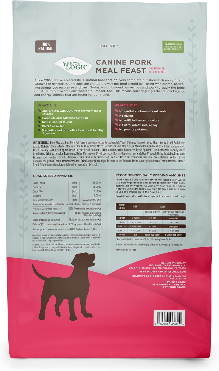 NATURE'S LOGIC Dry Dog Food - 100% Natural - No Synthetics - for All Ages, Sizes, Breeds - Free
