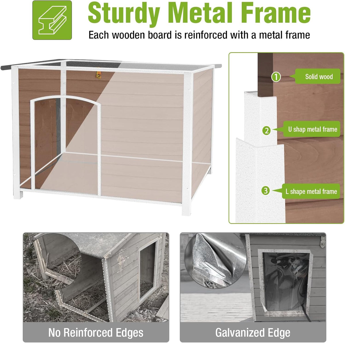 GUTINNEEN Dog House Outdoor Weatherproof with Anti-bite Metal Frame Large Indoor Wooden Dog Kennel