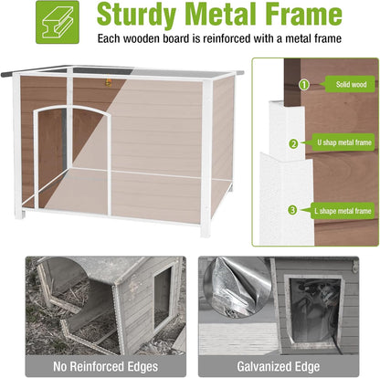 GUTINNEEN Dog House Outdoor Weatherproof with Anti-bite Metal Frame Large Indoor Wooden Dog Kennel