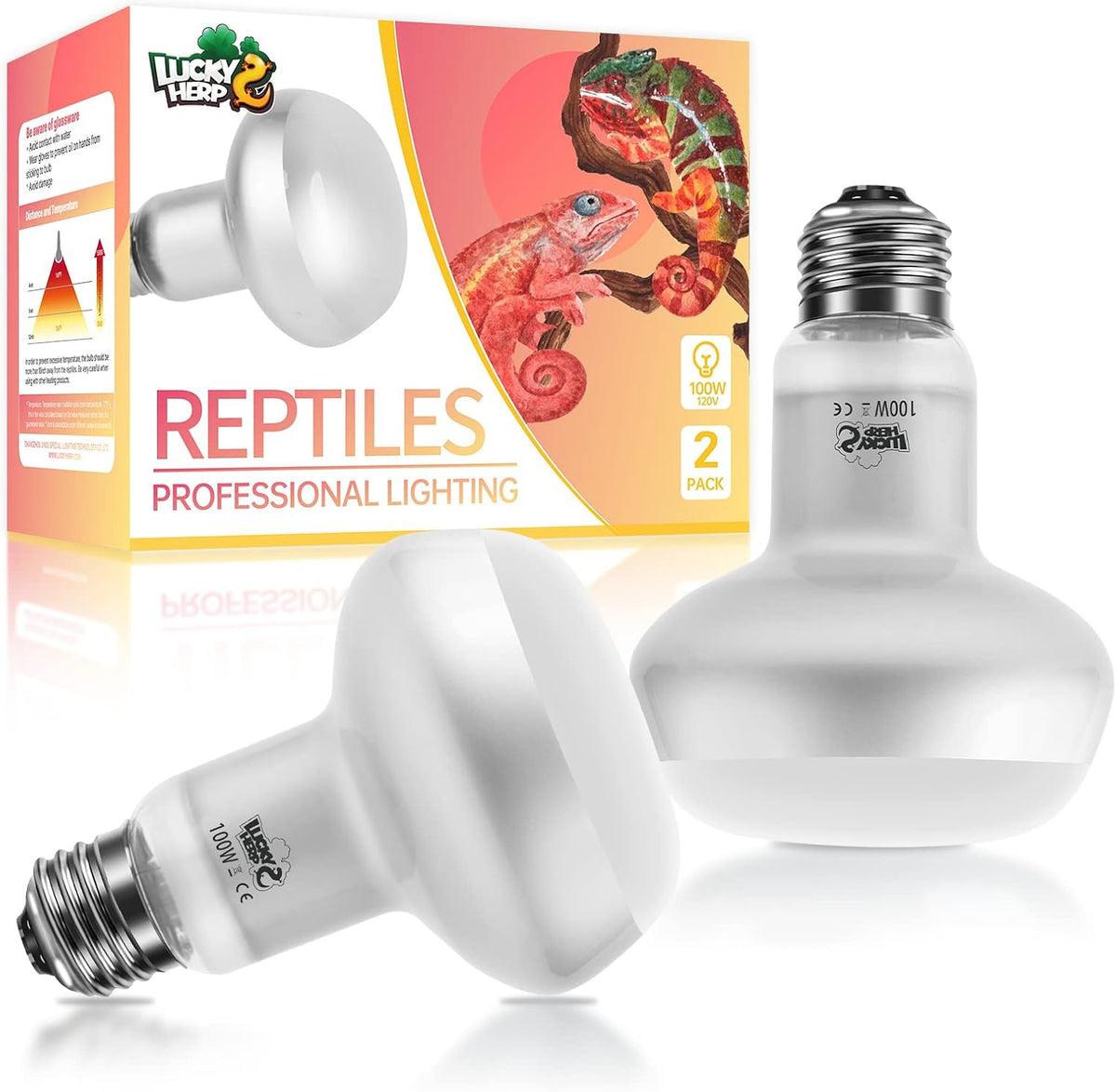 LUCKY HERP Intense Heat Lamp Bulbs for Reptiles 100W 2 Pack, UVA Daylight Reptile Heat Lamp