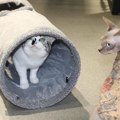 Cat Tunnel for Indoor Cats, 51×12 inch Foldable Big Cat Tunnel, Grey Suede Pet Tunnels with Two