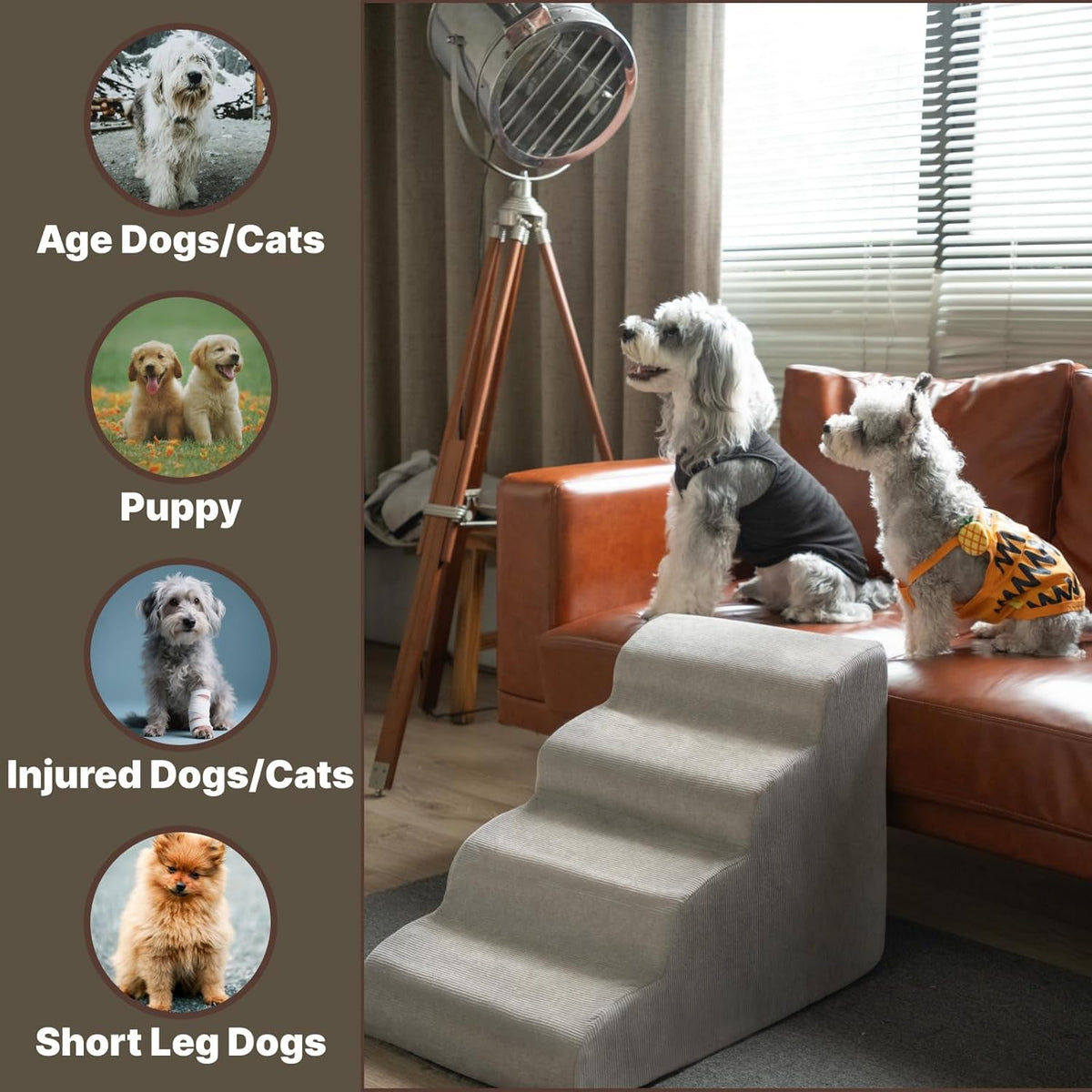 MEWANG Dog Stairs for Small & Medium Dogs and Old Cats –3/4/ 5 Steps High-Density Foam Pet Ramp for