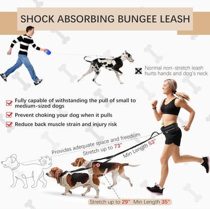 Hands-Free Dog Leash With Pouch, Waist Attachment for Walking Two Dogs, Reflective Stitching, Dual