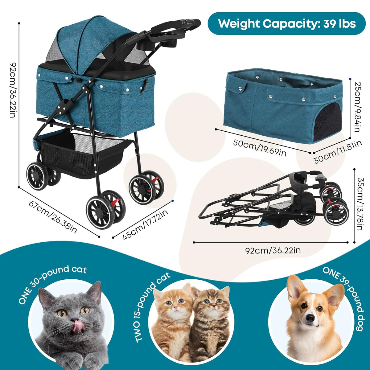 Pet Stroller,Dog Stroller for Small Medium Dogs Cats,3 Wheels,Foldable,with Breathable Mesh