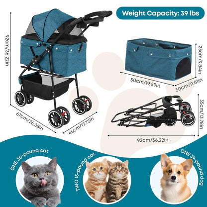 Pet Stroller,Dog Stroller for Small Medium Dogs Cats,3 Wheels,Foldable,with Breathable Mesh