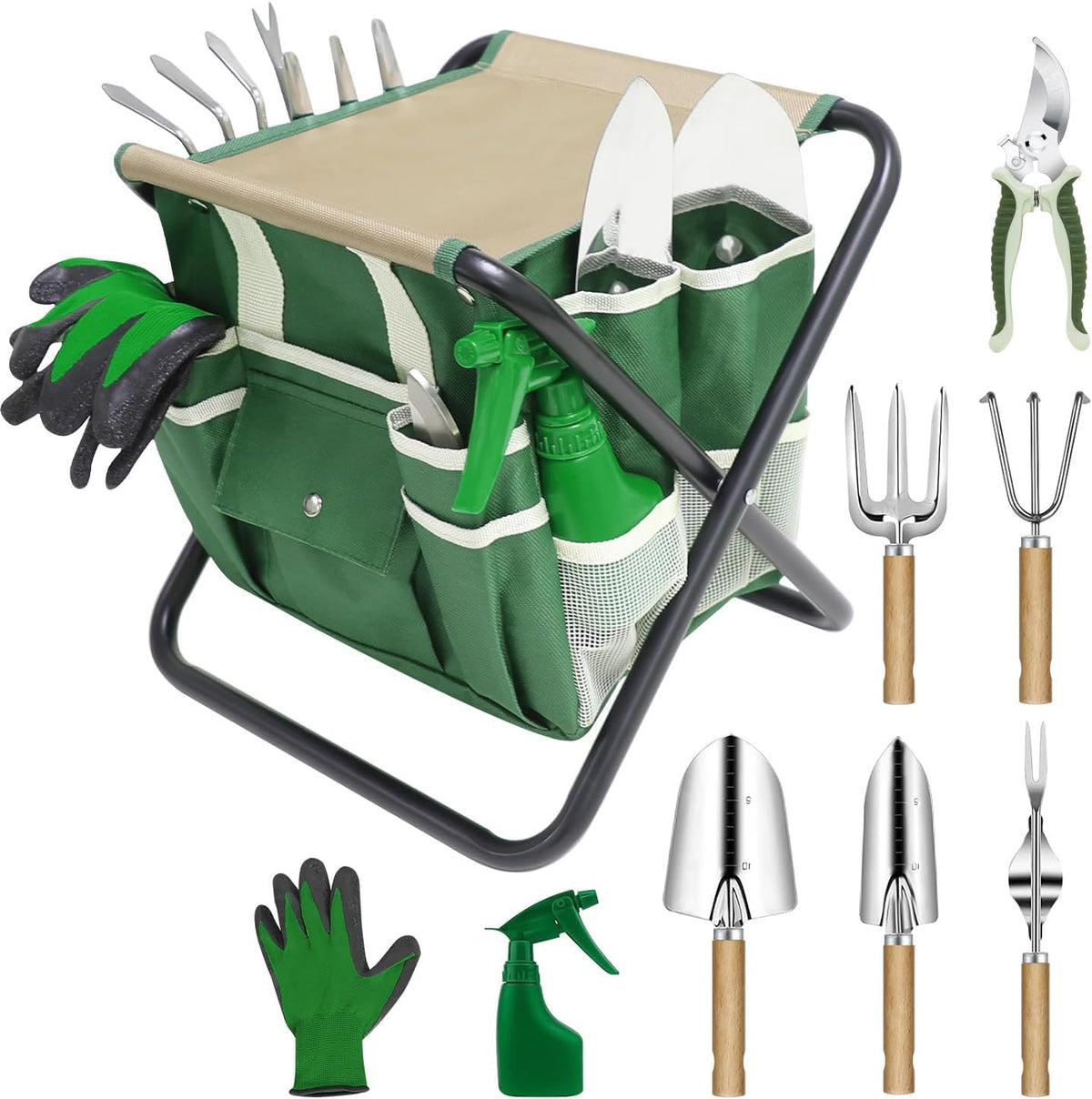 Garden Tool Set, 10 Piece Kit with Heavy Duty Folding Stool, Detachable Storage Tote Bag, Stainless