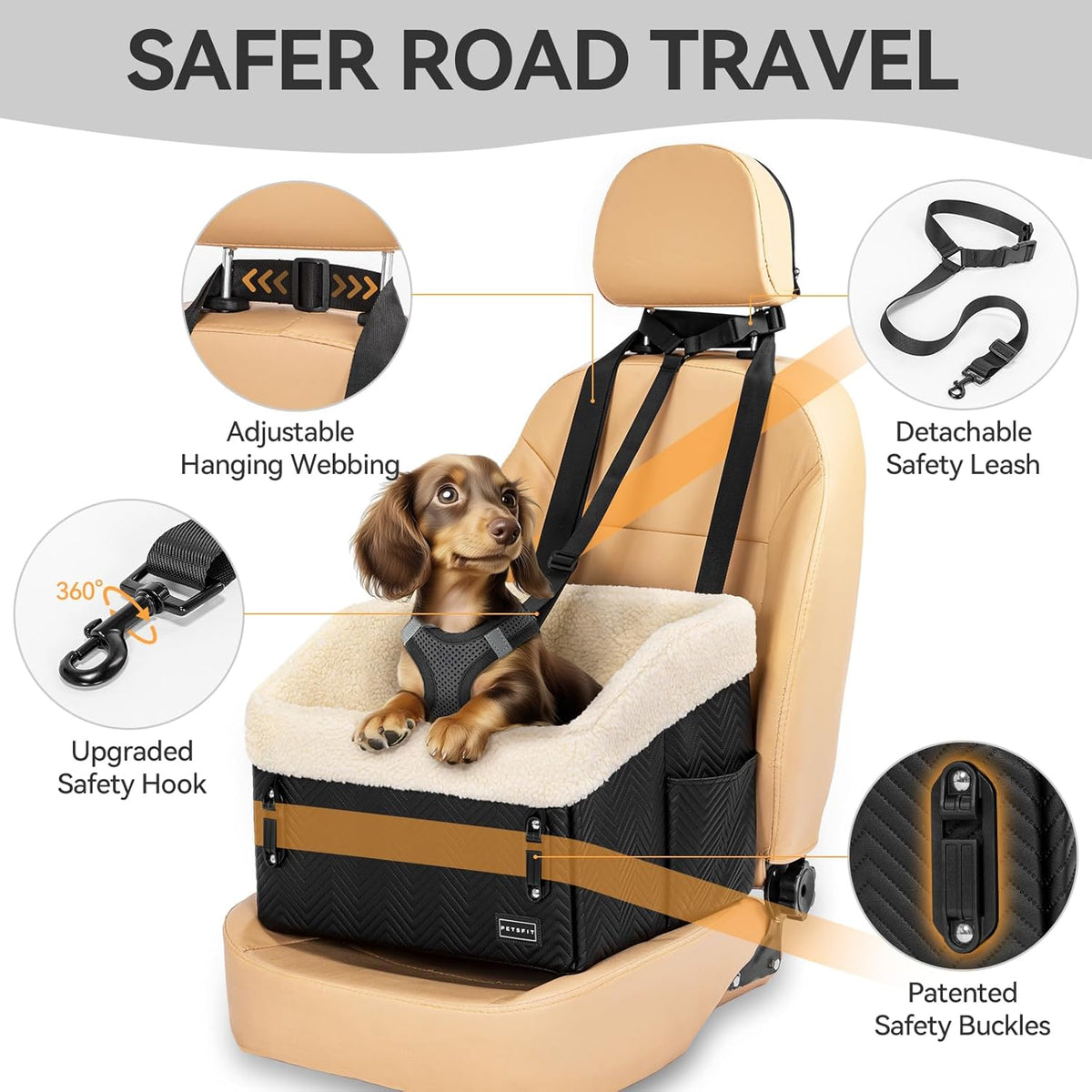 PETSFIT Small Dog Car Seat, Waterproof PU Leather Dog Booster Car Seat with Patented Safe Buckles