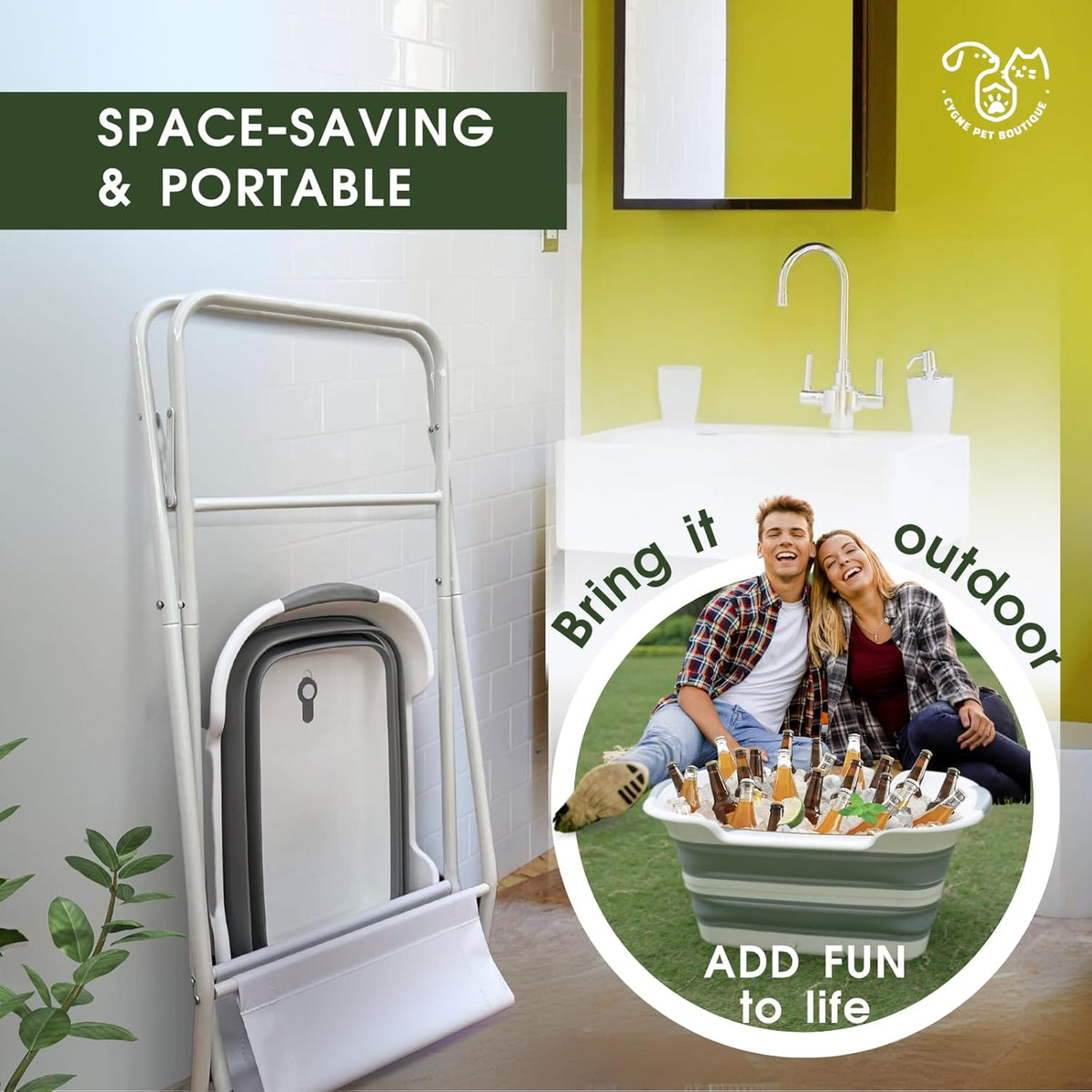 CYGNE 2-in-1 Dog Bathtub & Washing Station, Elevated Collapsible Bathtub with Drainhole & Storage