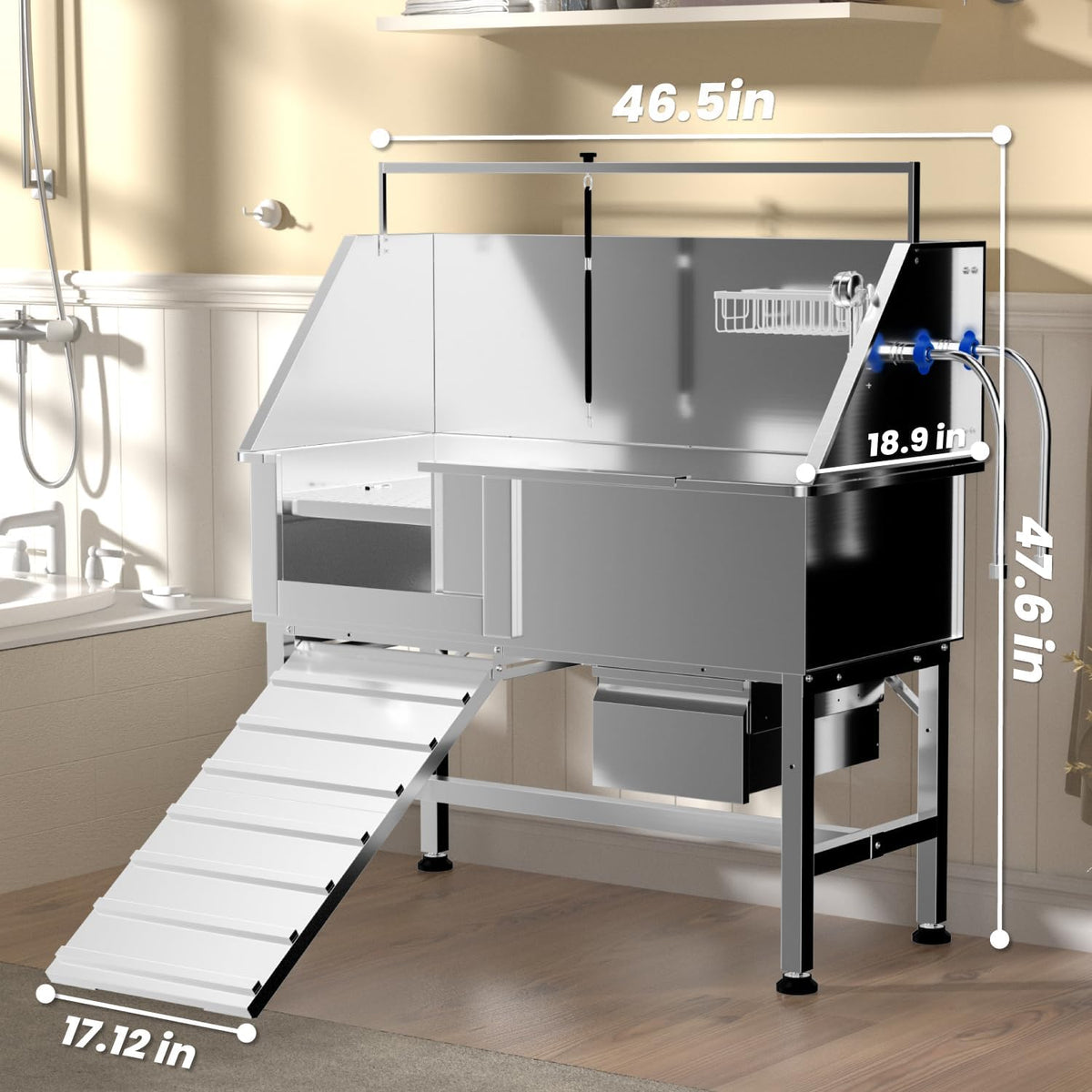 Professional 46" Dog Washing Station, Stainless Steel Dog Bathing Station, Height Adjustable Dog