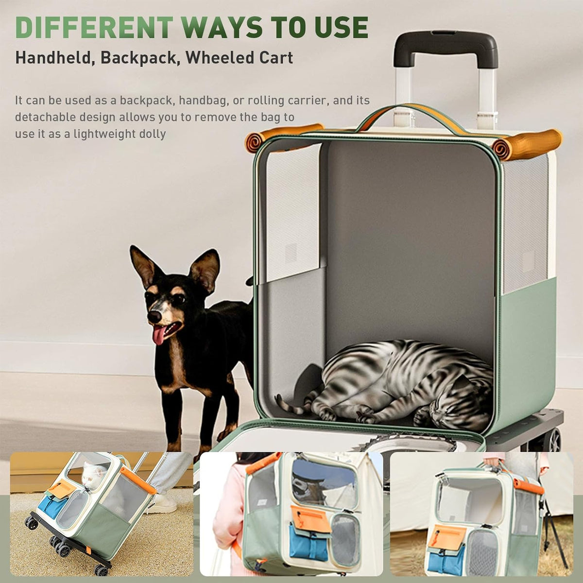 Cat Carrier with Wheels, Soft Rolling Pets Carrier Collapsible on Wheel Pet Handbag Cats Backpack