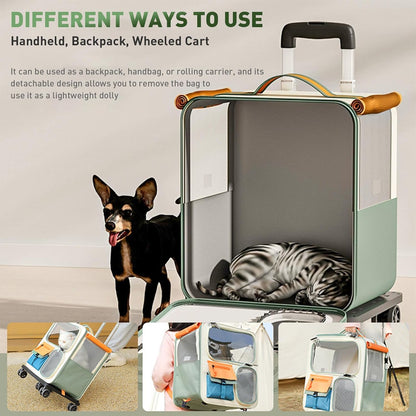 Cat Carrier with Wheels, Soft Rolling Pets Carrier Collapsible on Wheel Pet Handbag Cats Backpack