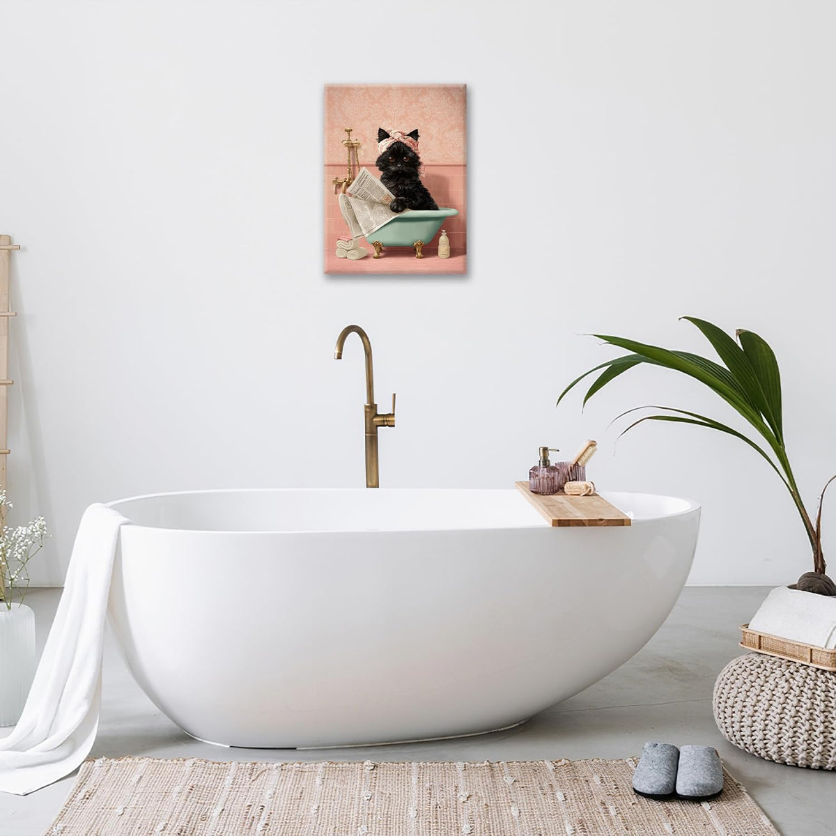 Cat Bathroom Wall Decor Black Cat Reading Newspaper in Bathtub Canvas Wall Art Funny Bathroom