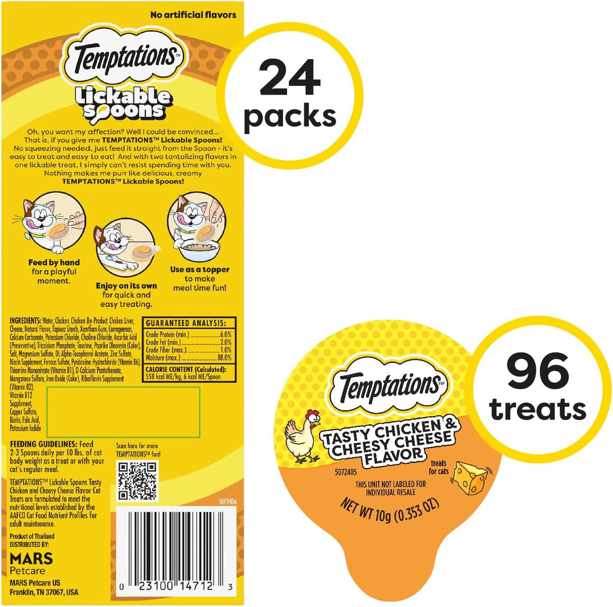 Temptations Lickable Spoons Adult Wet Cat Treat, Tasty Chicken and Cheesy Cheese Flavor, 4 Spoons