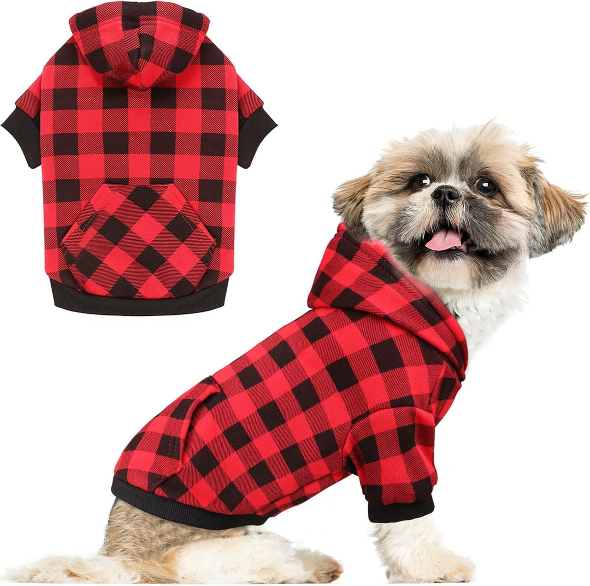 Dog Sweater Red Buffalo Plaid Pet Clothes Warm and Soft Breathable Cozy Small Pet Hoodies Dog