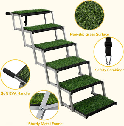 Dog Stairs for Car, Portable Folding Dog Ramps,Dog Steps for Large Dogs with Non-Slip Grass Rug for